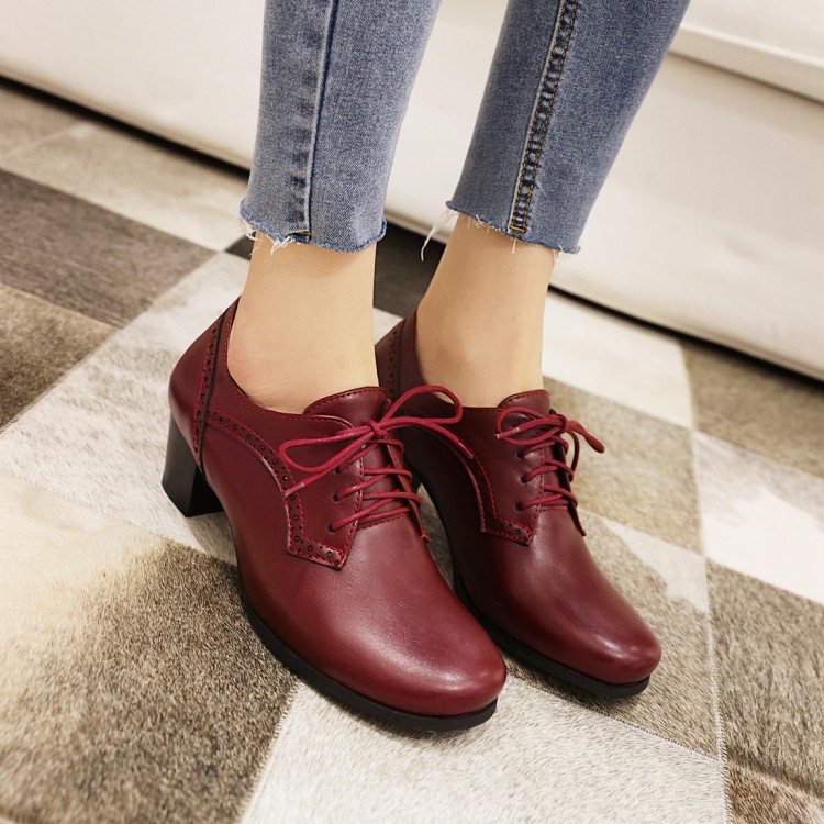 Minimalist Round Toe Lace-Up Mid Chunky Heel Shoes