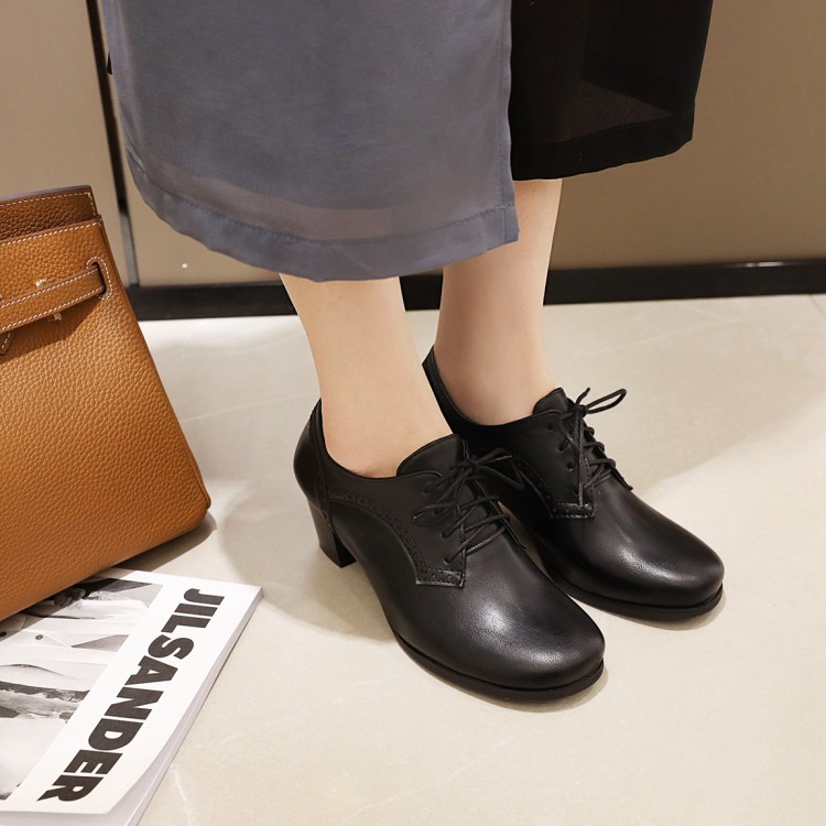 Minimalist Round Toe Lace-Up Mid Chunky Heel Shoes - Image 3