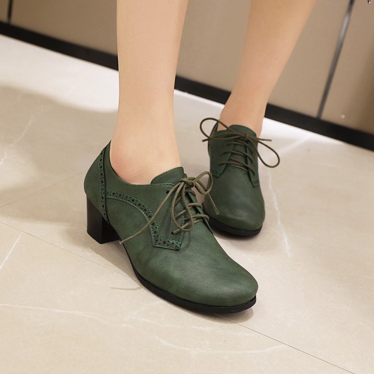 Minimalist Round Toe Lace-Up Mid Chunky Heel Shoes - Image 4
