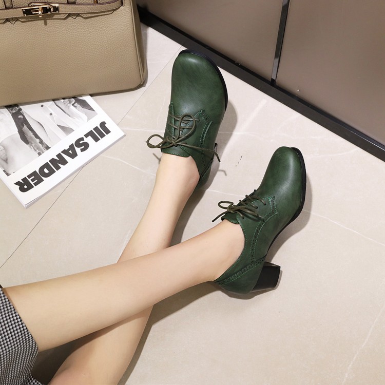 Minimalist Round Toe Lace-Up Mid Chunky Heel Shoes - Image 2