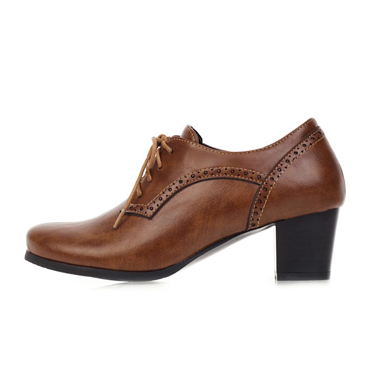 Minimalist Round Toe Lace-Up Mid Chunky Heel Shoes - Image 5
