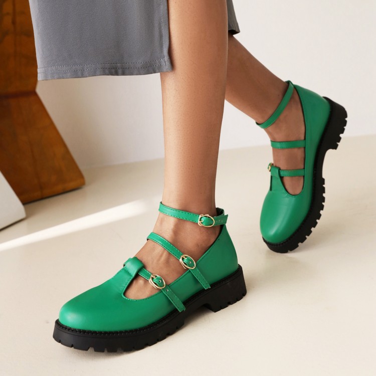 Women's Mary Jane Flat Shoes Low Heel Round Toe T-Strap PU