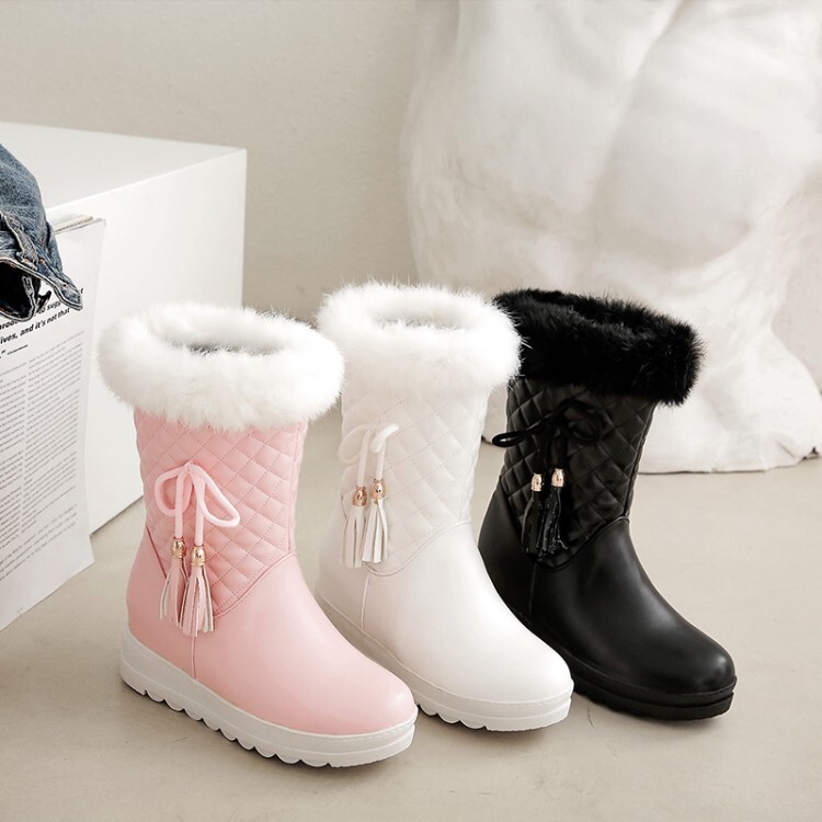 Women's Mid-Calf Fashion Boots with Low Hidden Heel and Faux Fur Lining