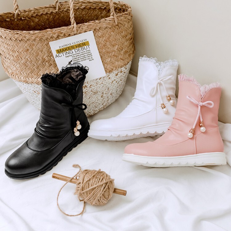 Women's Fashion Mid-Calf Boots Low Flat Heel Round Toe PU