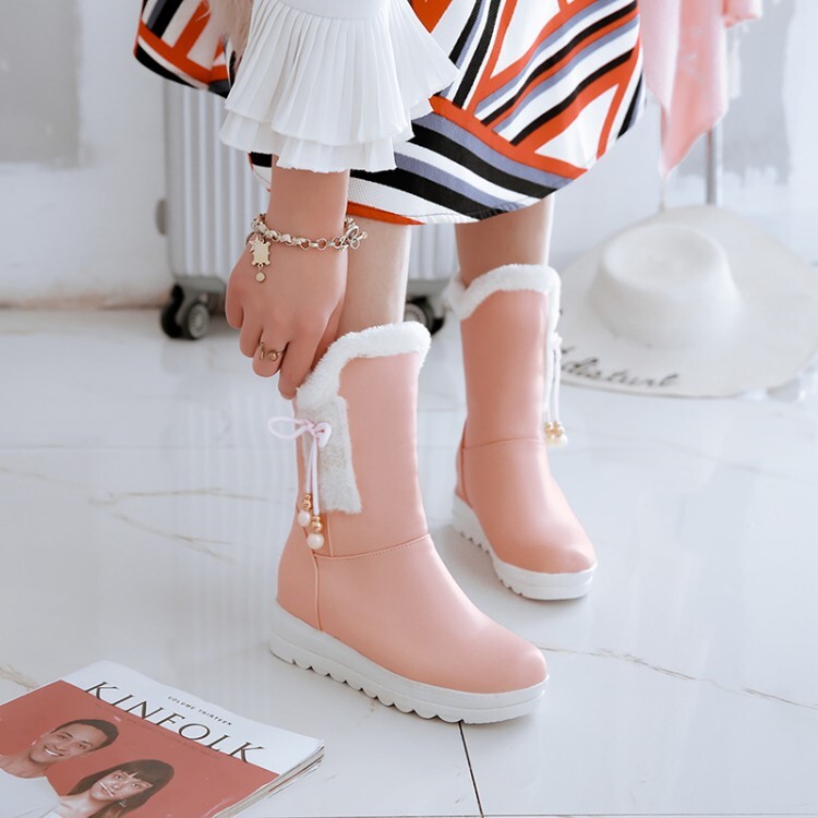 Women's Mid-Calf Fashion Boots with Hidden Wedge Heel and Faux Fur Lining