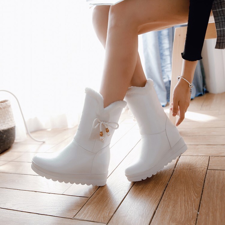 Women's Mid-Calf Fashion Boots with Hidden Wedge Heel and Faux Fur Lining - Image 2