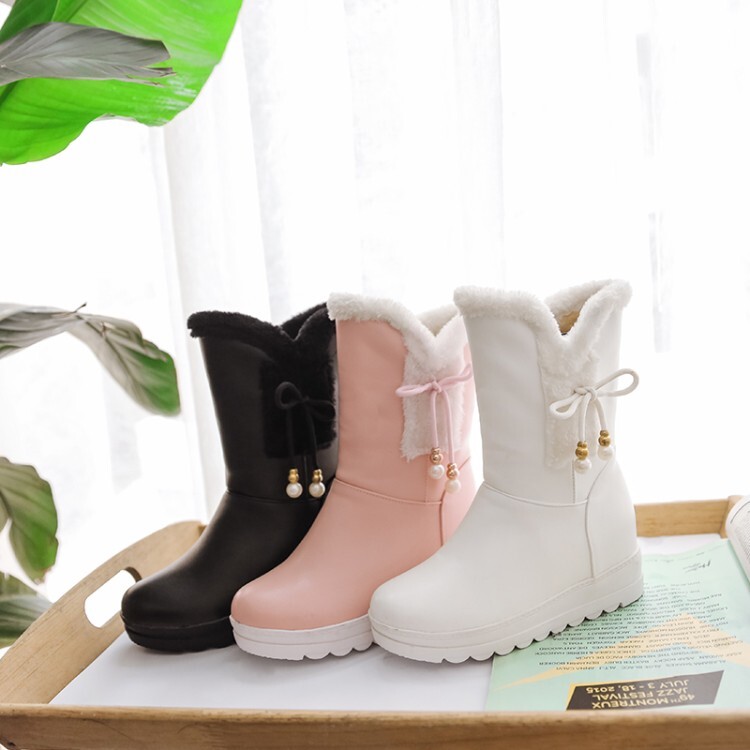 Women's Mid-Calf Fashion Boots with Hidden Wedge Heel and Faux Fur Lining - Image 3