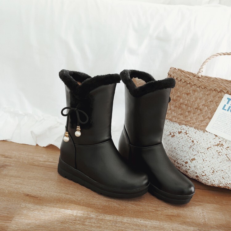 Women's Mid-Calf Fashion Boots with Hidden Wedge Heel and Faux Fur Lining - Image 5