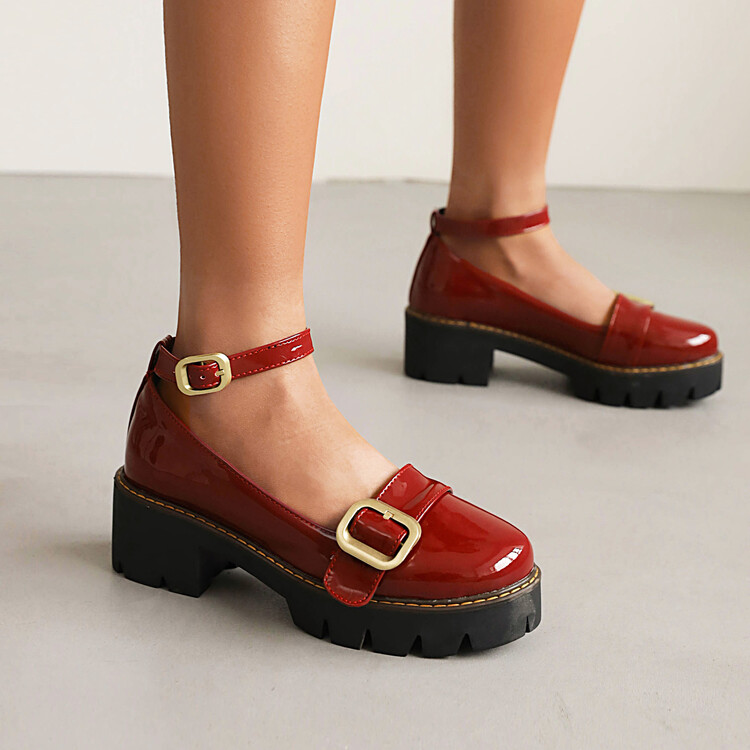 Women's Patent Leather Round Toe Chunky Mid Heel Pumps