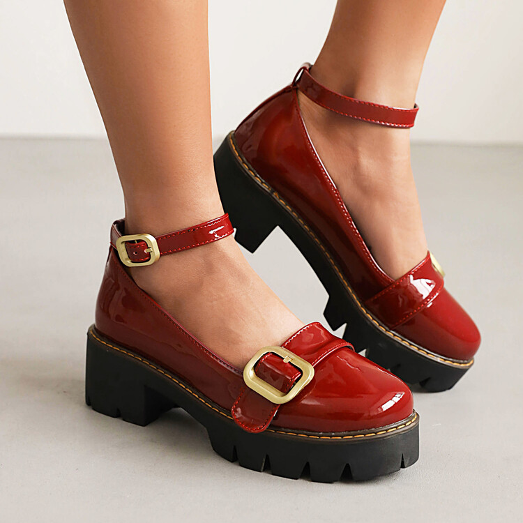 Women's Patent Leather Round Toe Chunky Mid Heel Pumps - Image 2
