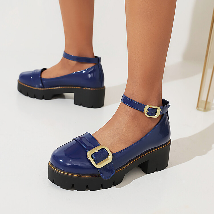 Women's Patent Leather Round Toe Chunky Mid Heel Pumps - Image 3