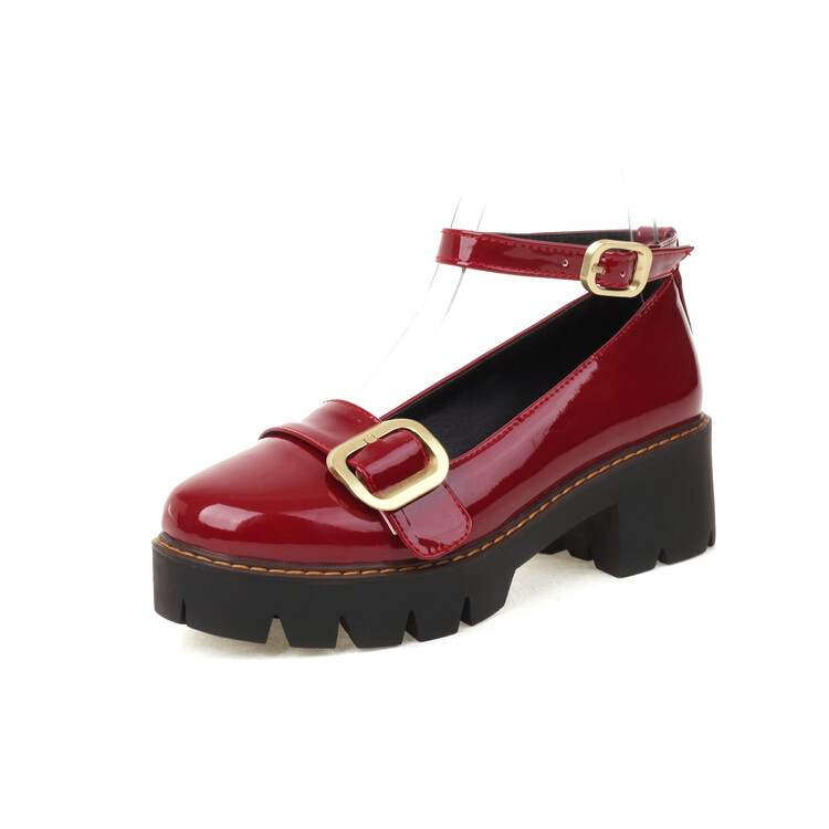 Women's Patent Leather Round Toe Chunky Mid Heel Pumps - Image 5