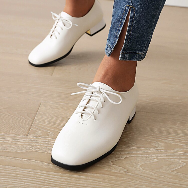 Fashion Flat Shoes Low Square Heel Square Toe PU