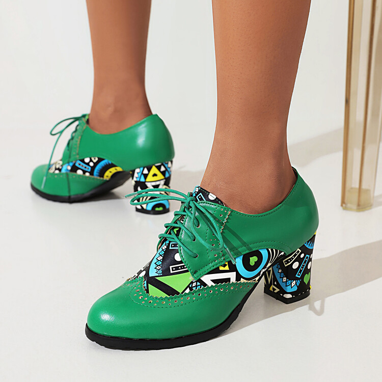Women's Fashion Brogue Shoes Mid Chunky Heel Round Toe PU